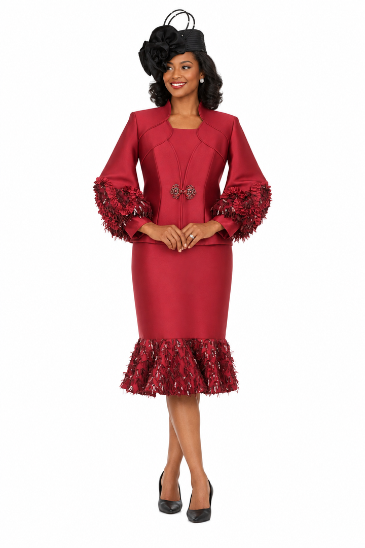 Silky Twill Sequin-Fringe 3pc Skirt Suit-Plus