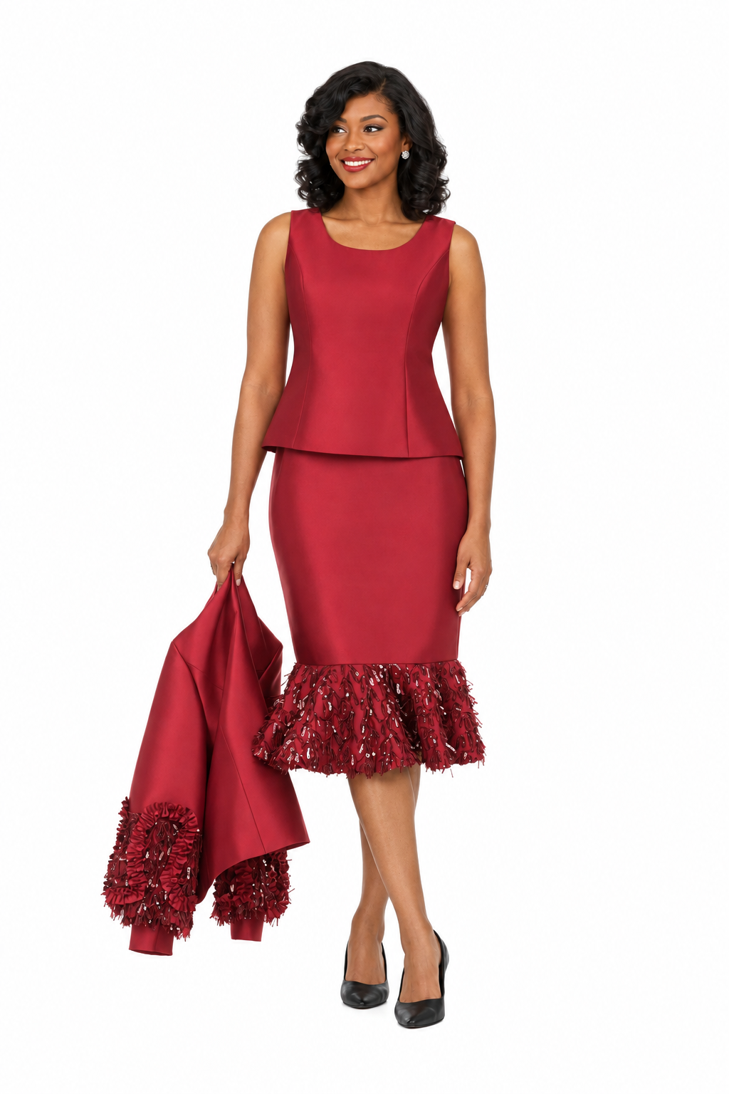 Silky Twill Sequin-Fringe 3pc Skirt Suit-Plus