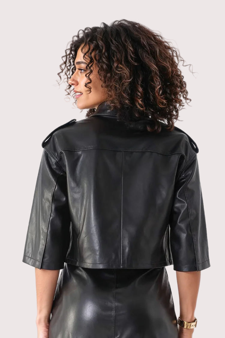 Cropped Leather Jacket with Bow Accent - 81768