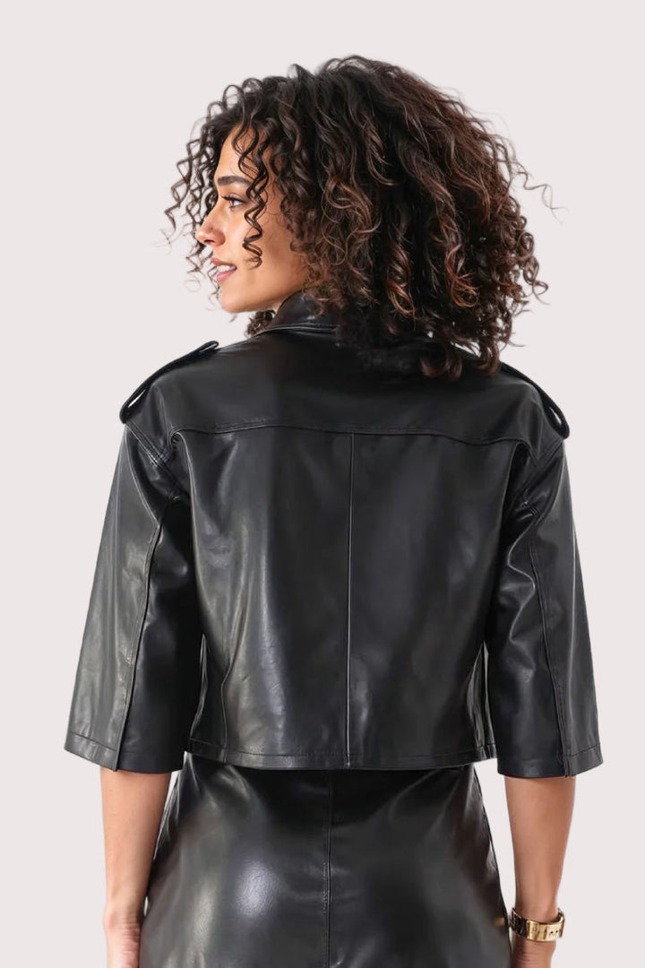 Cropped Leather Jacket with Bow Accent - 81768