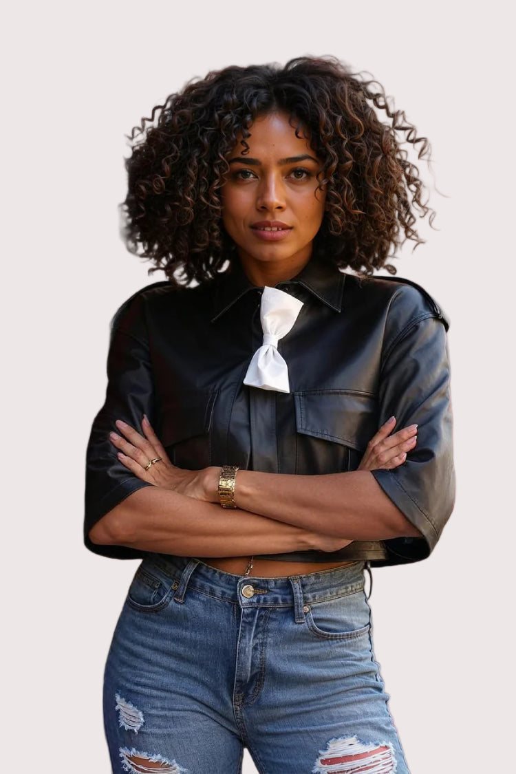 Cropped Leather Jacket with Bow Accent - 81768