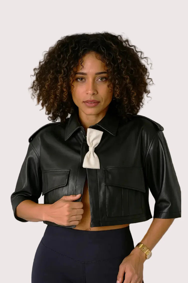 Cropped Leather Jacket with Bow Accent - 81768