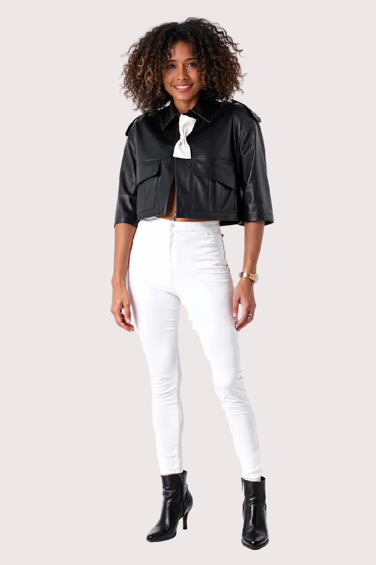 Cropped Leather Jacket with Bow Accent - 81768