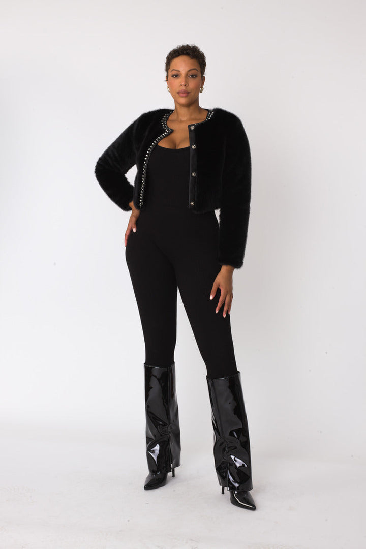 Cropped Rhinestone-Trimmed Fur Jacket -82652