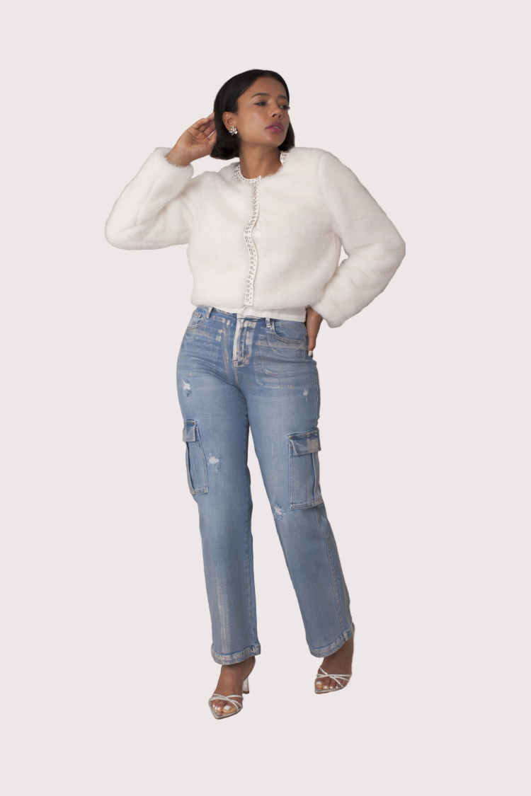 Cropped Rhinestone-Trimmed Fur Jacket -82652