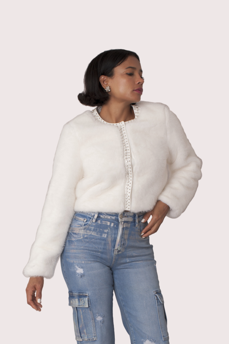 Cropped Rhinestone-Trimmed Fur Jacket -82652