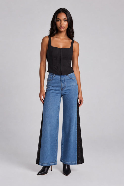 Crystal Drape Panel Denim Jeans - 83334