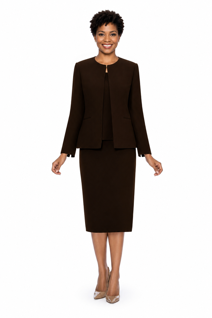 3pc Round Neck Clean Lines Detailed Skirt Suit
