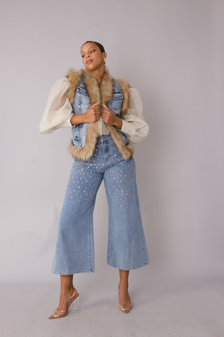 Denim Vest with Faux Fur Trim - 82007