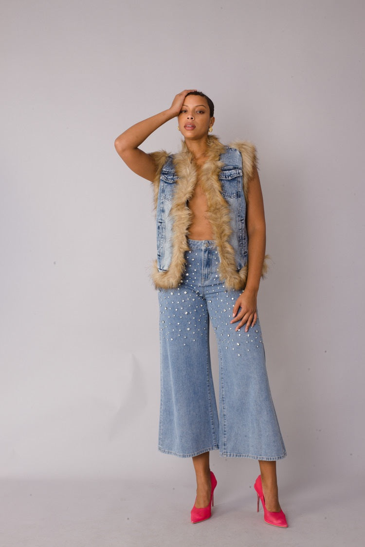 Denim Vest with Faux Fur Trim - 82007