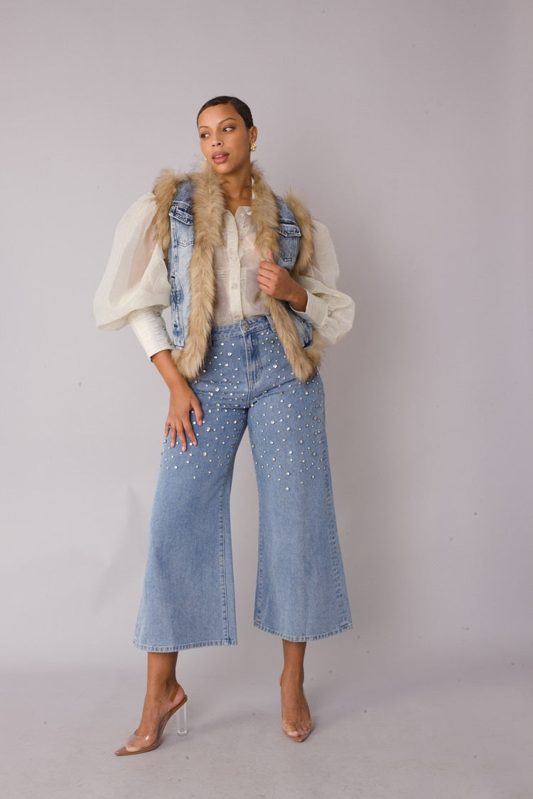 Denim Vest with Faux Fur Trim - 82007