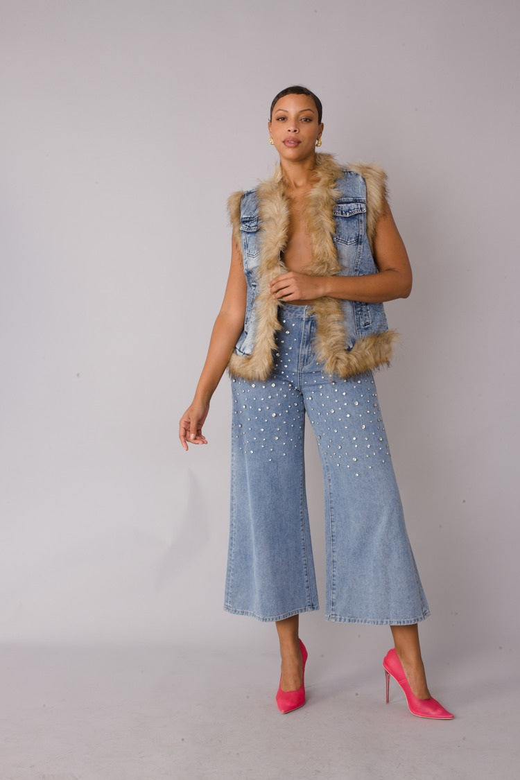 Denim Vest with Faux Fur Trim - 82007