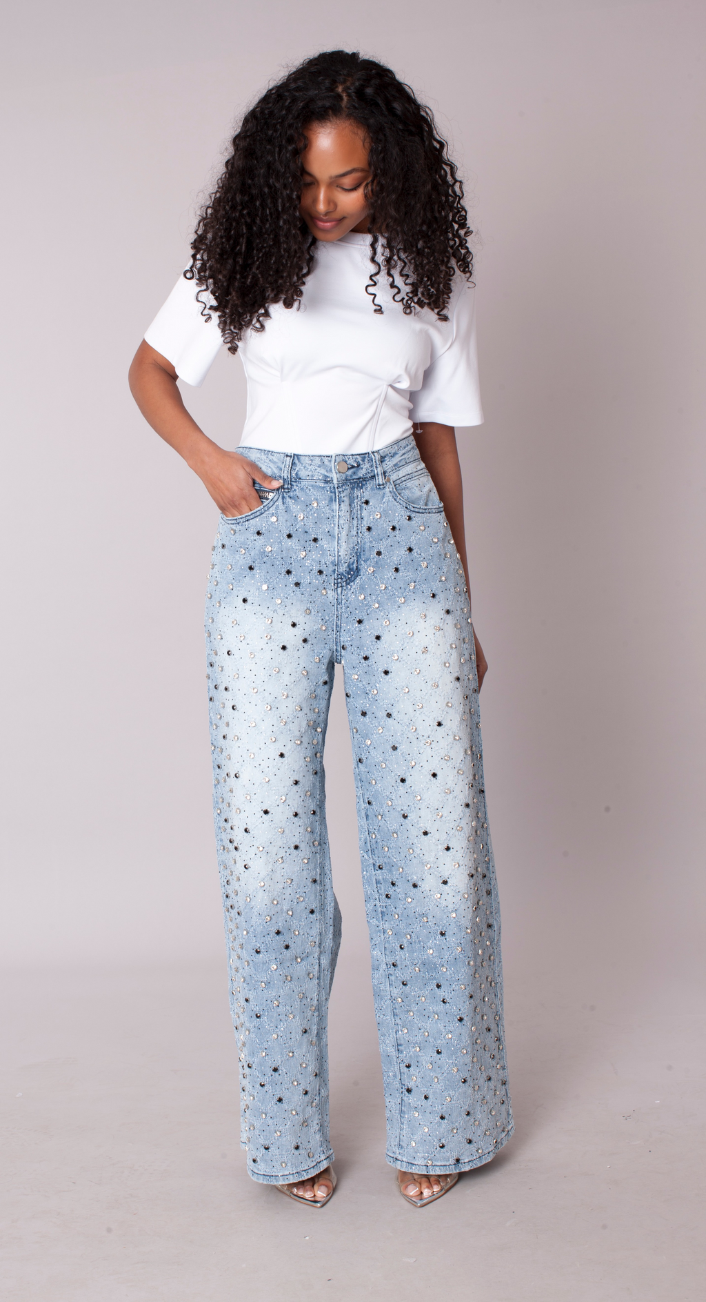 Diamond Stud Ombre Wide Leg Jeans - 83033