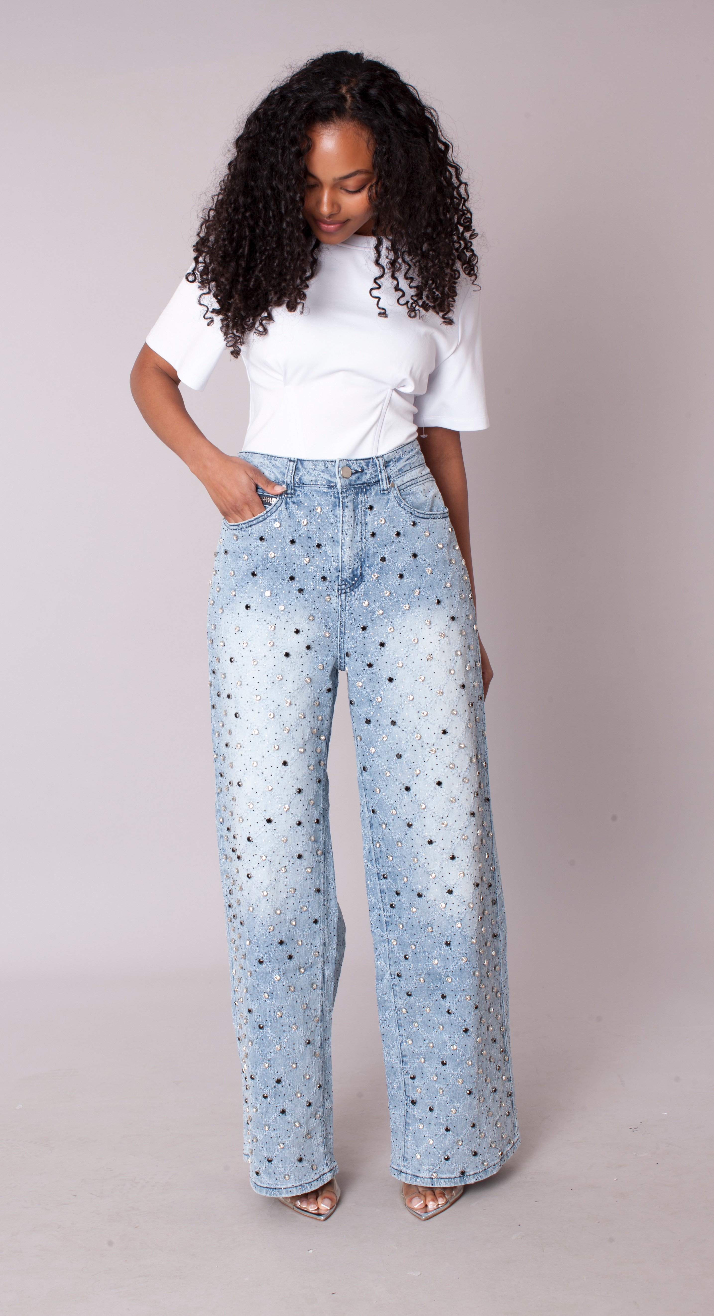 Diamond Stud Ombre Wide Leg Jeans - 83033