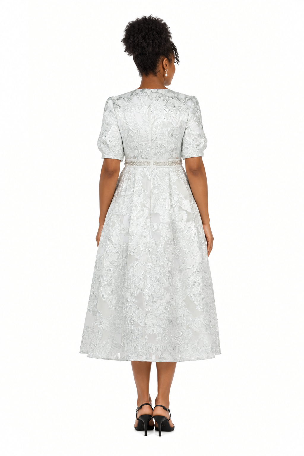 Puff Short Slv Jqd A-line Drs w/ Waist Detail
