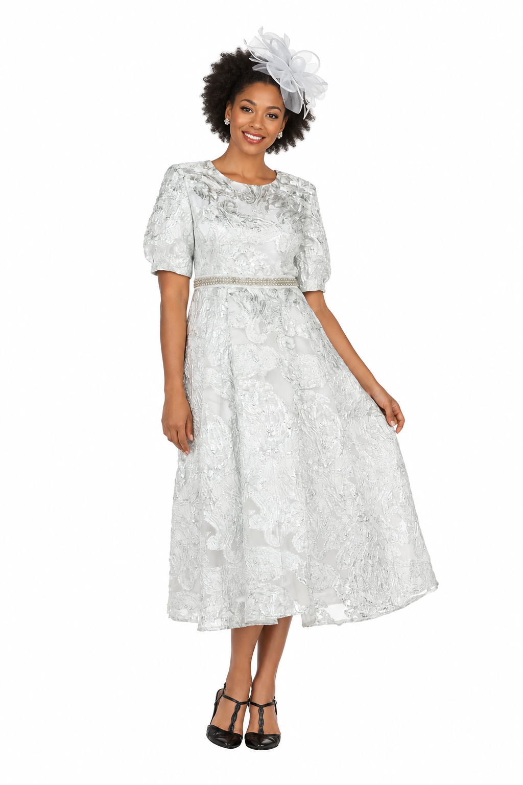 Puff Short Slv Jqd A-line Drs w/ Waist Detail-Plus