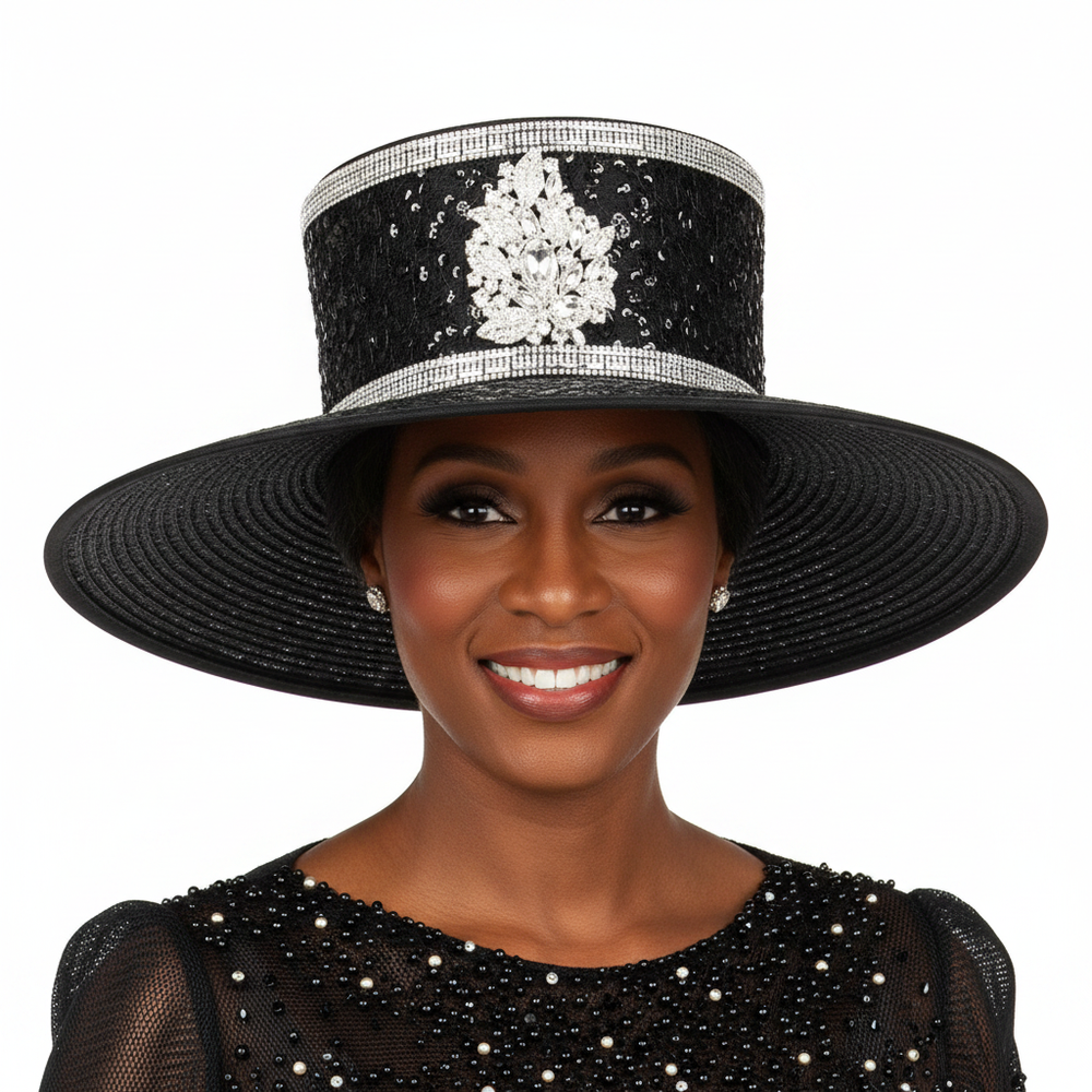 Elegant Rhinestone Crest Wide Brim Hat - Black