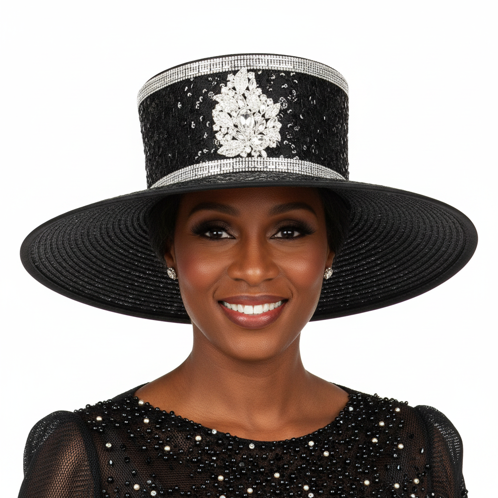 Elegant Rhinestone Crest Wide Brim Hat - Black