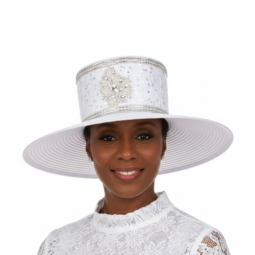 Elegant Rhinestone Crest Wide Brim Hat - White