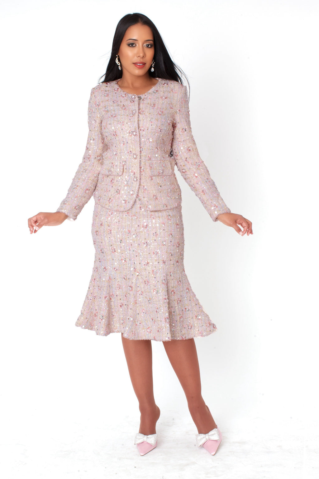 Embroidered Sequin Tweed Jacket & Skirt Set - 41072