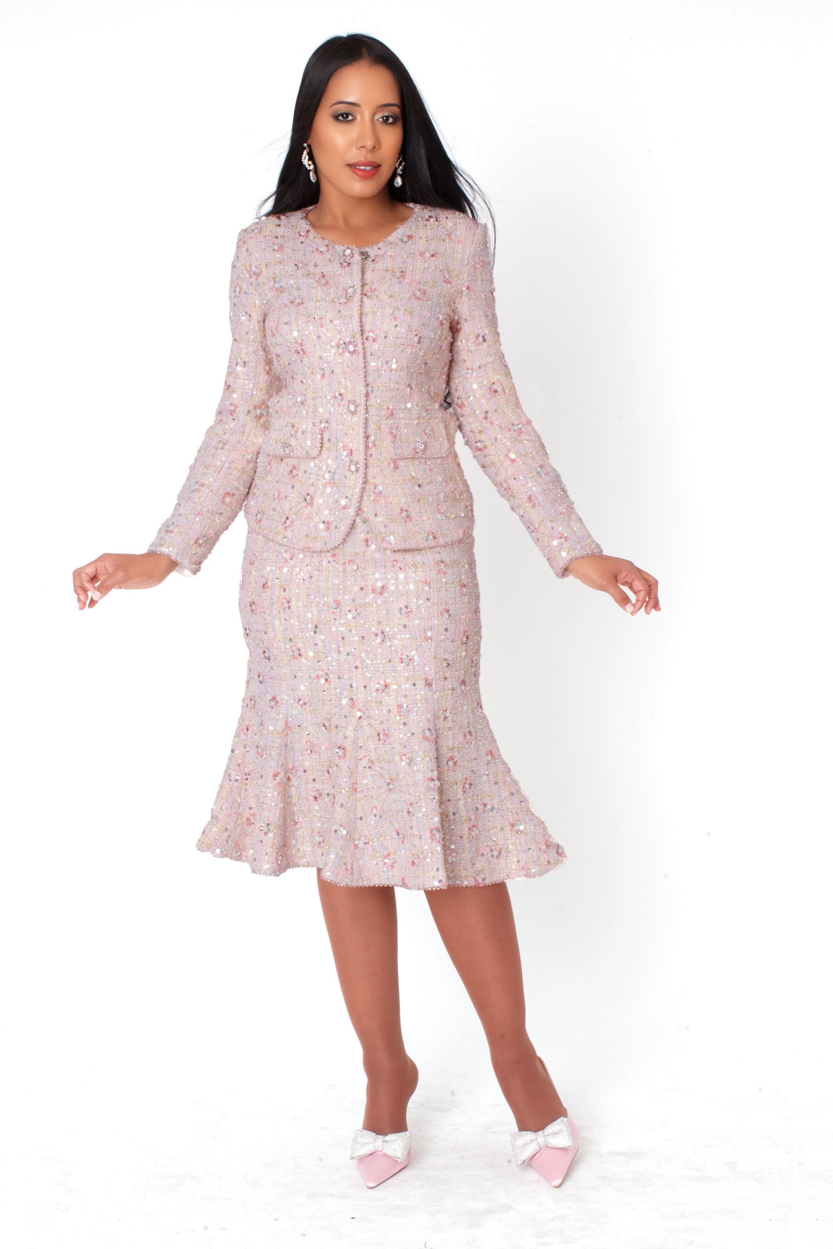 Embroidered Sequin Tweed Jacket & Skirt Set - 41072