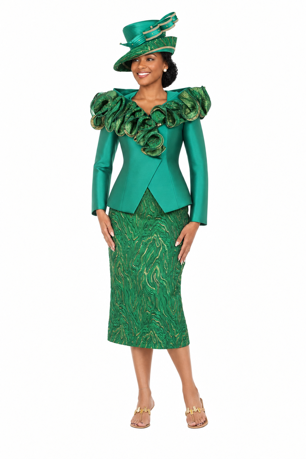 Brocade Rosette Collar 2pc Skirt Suit - Emerald