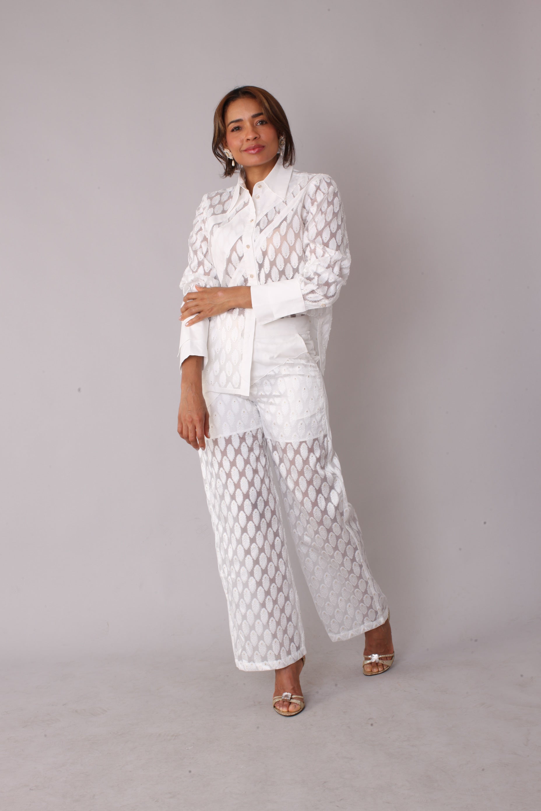 Eyelet Tulle Top 82338 – Feather Pattern Sheer Blouse
