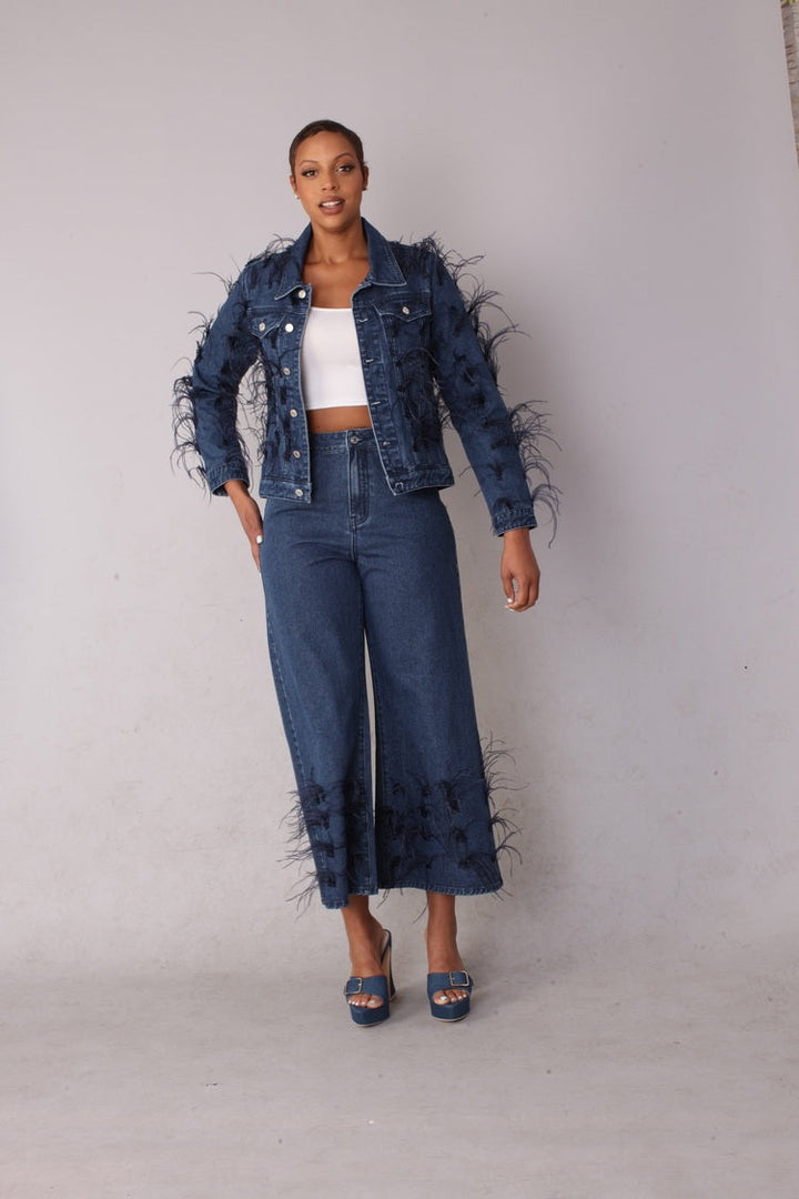 Feather Trim Wide Leg Jeans - 82304