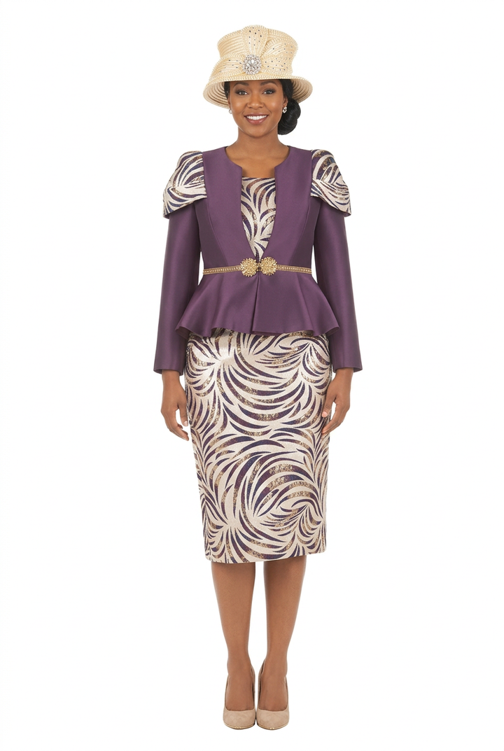 3pc Silky Twl+Brcd Skt Suit w/ Gold Waist Dtl