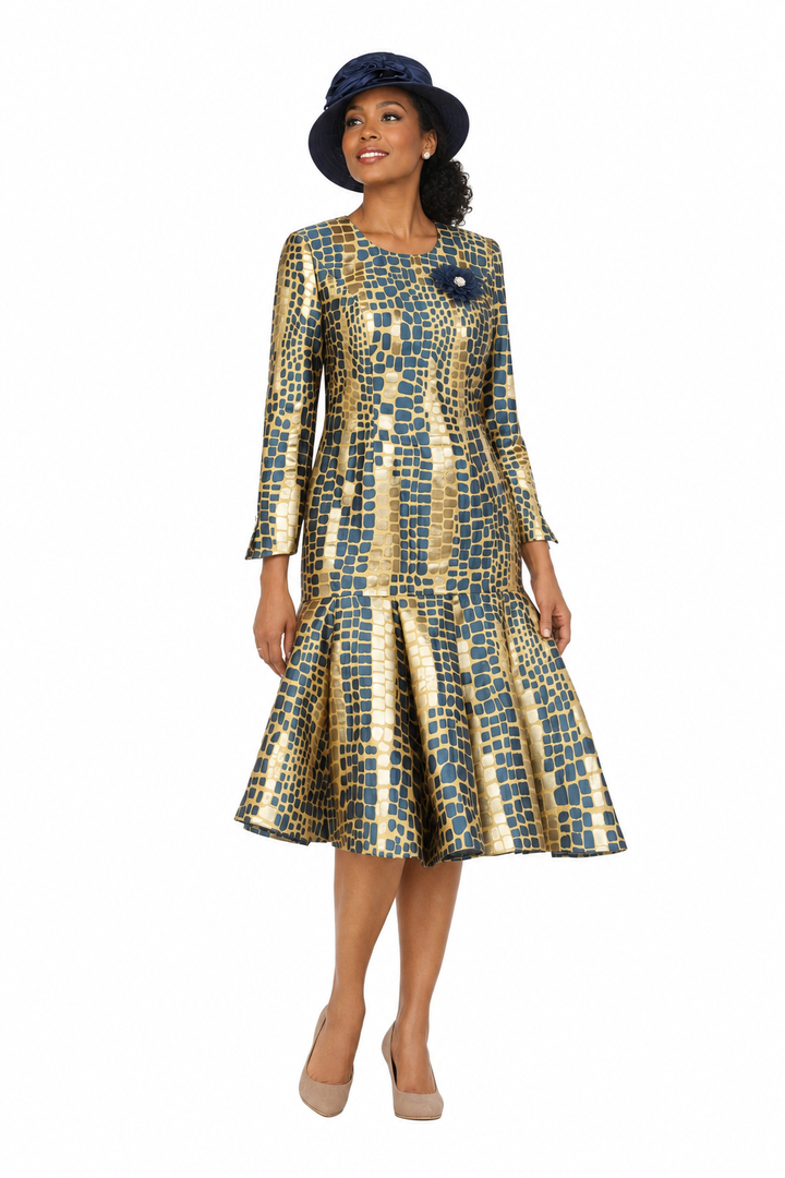 Metallic Mosaic Brocade Drop-Waist Flare Dress