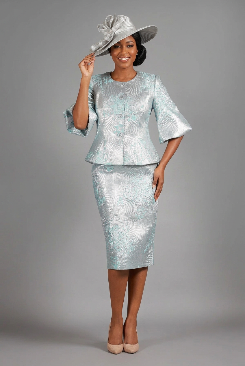 2pc Elbow Length Slv Brocade Skt Suit