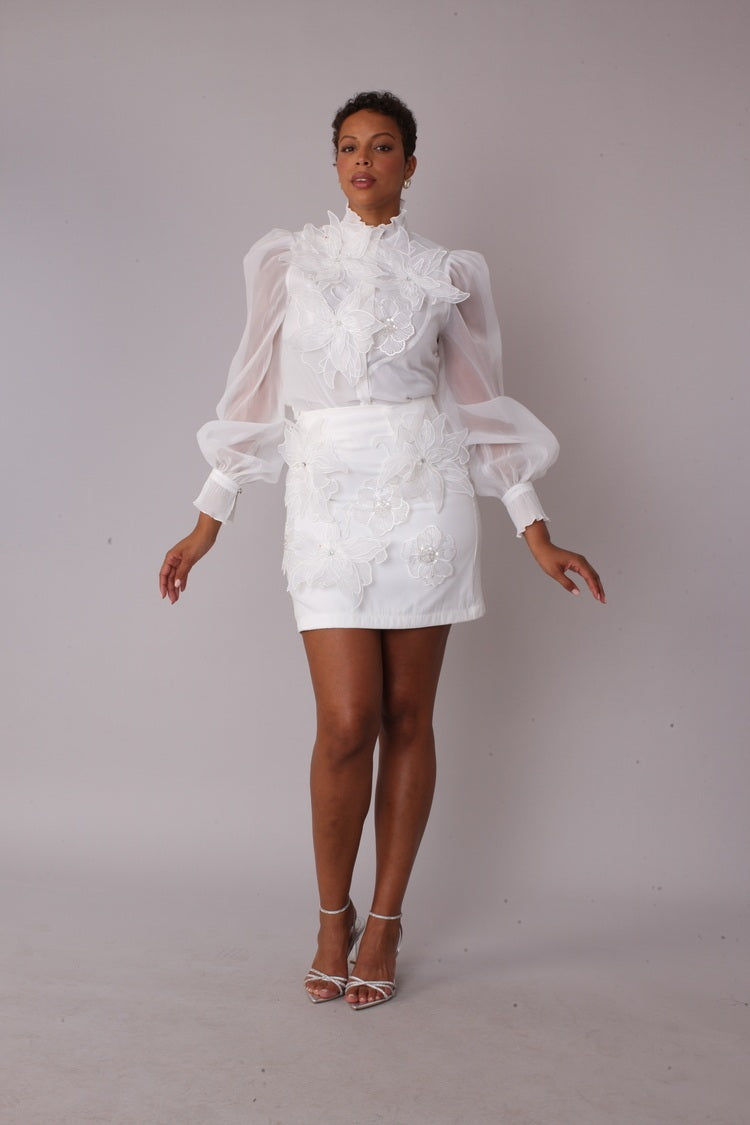 Floral Embroidered Skirt White Cocktail Skirt - 82683