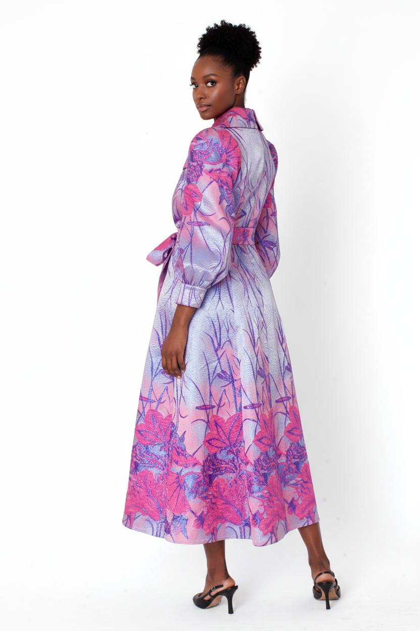 Floral Jacquard Belted Midi Dress - Back