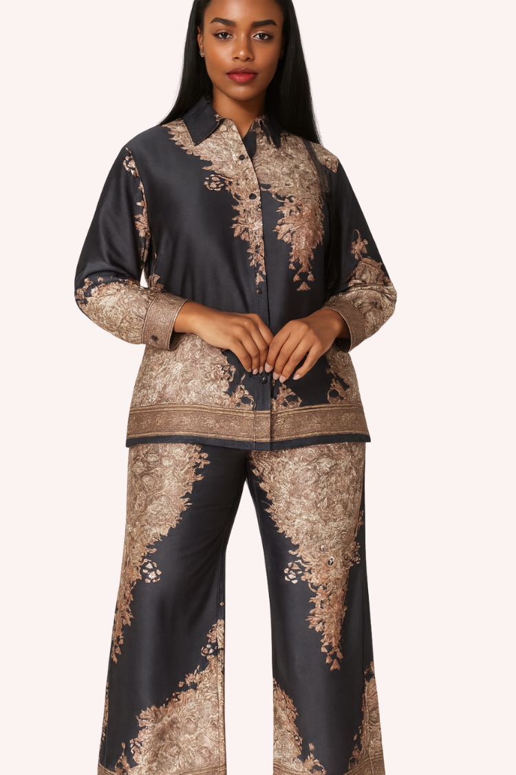 Baroque Print Satin Pant Set -82895