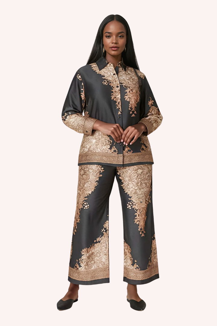 Baroque Print Satin Pant Set -82895