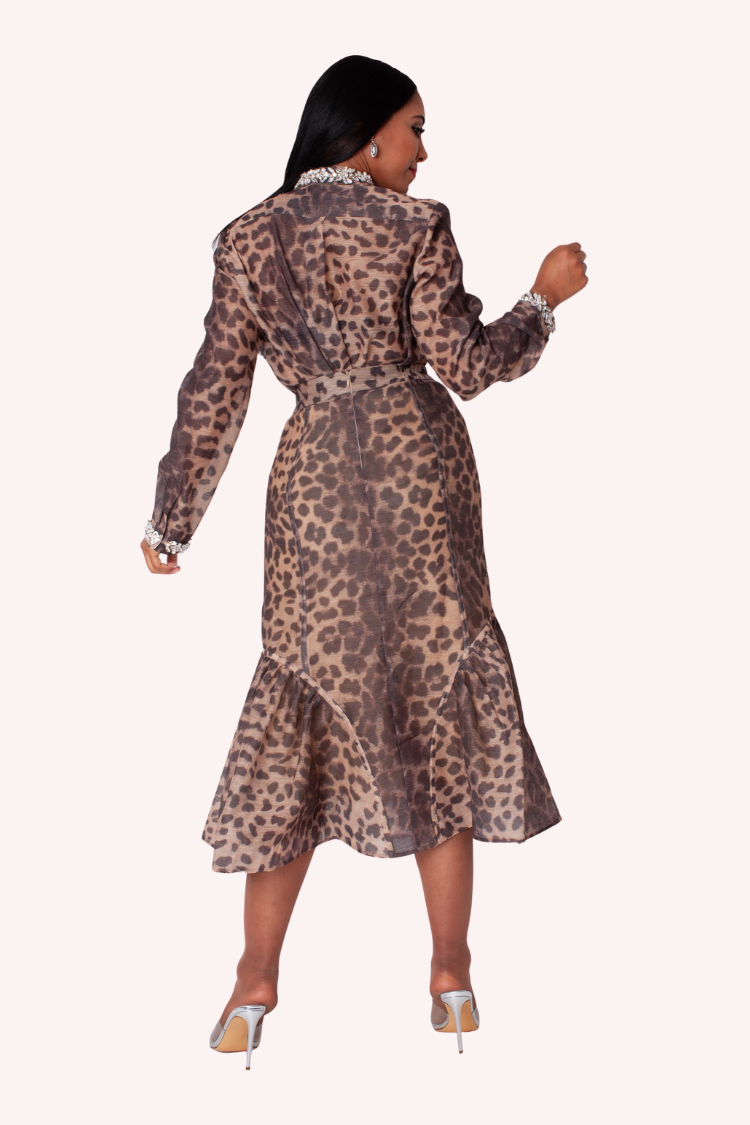 Leopard Print Ruffle Skirt Set with Crystal Trim - 82906