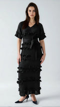 Ruffled Pleated Maxi Dress with Waist Tie - 82948