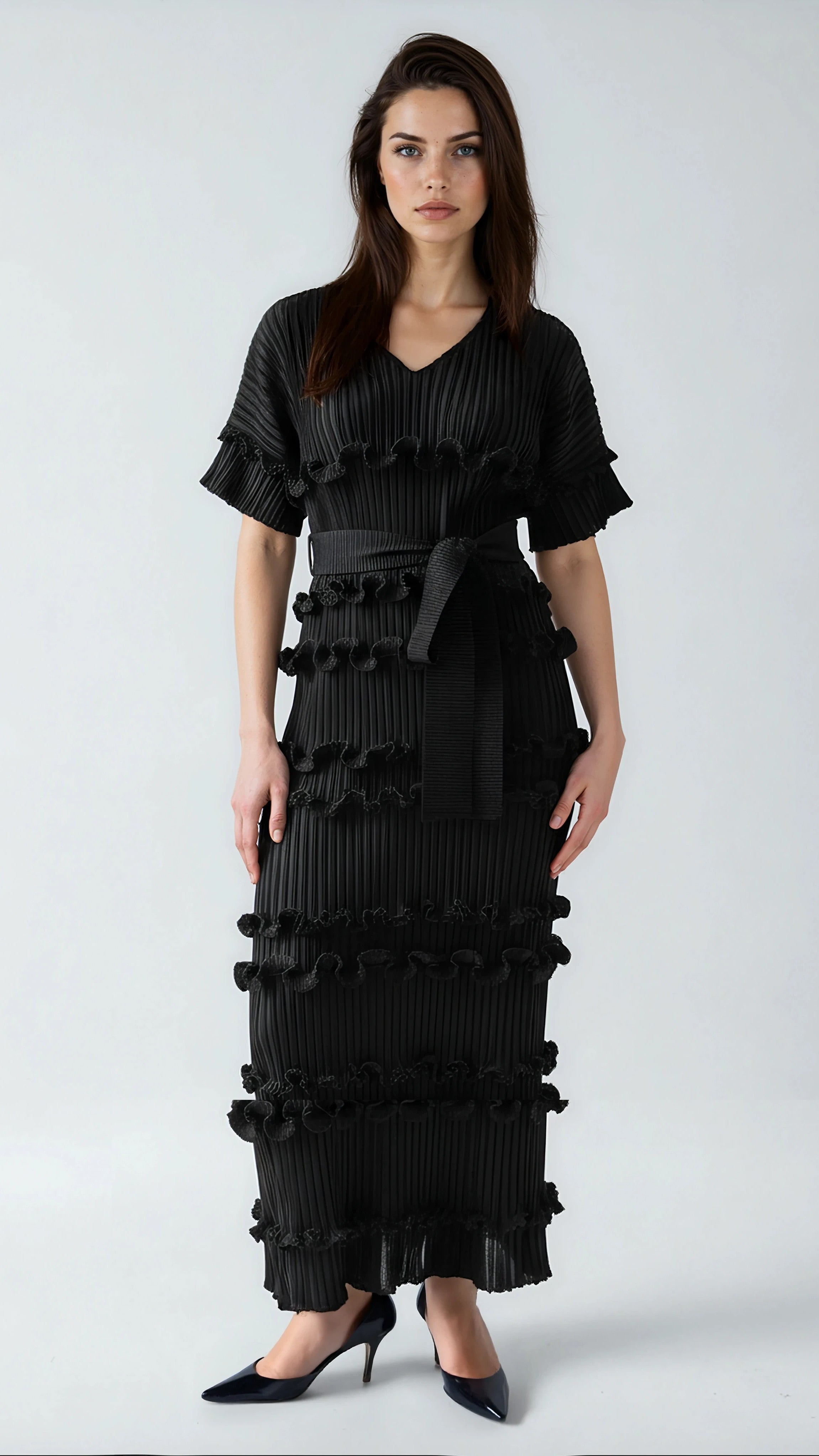Ruffled Pleated Maxi Dress with Waist Tie - 82948