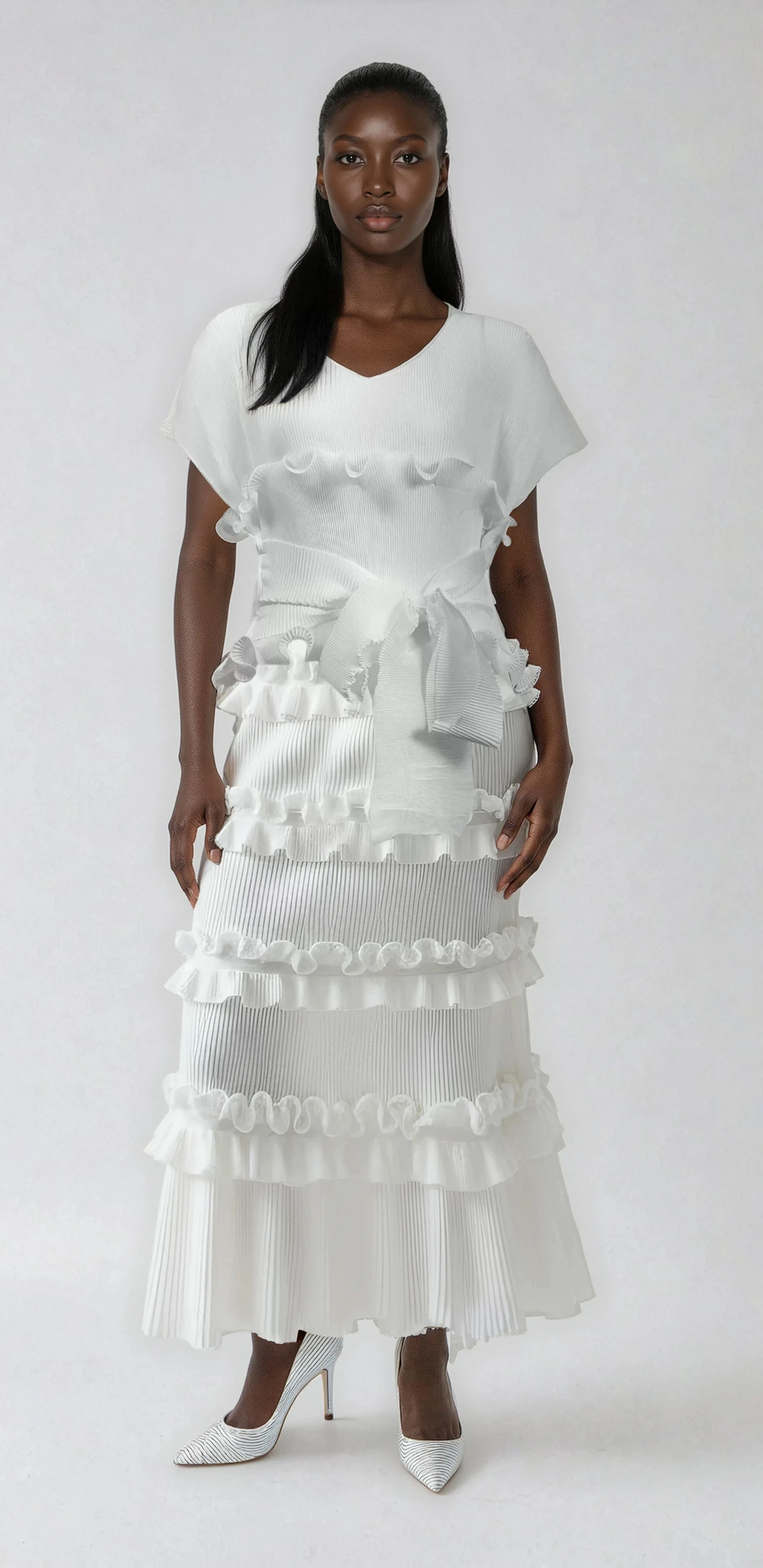 Ruffled Pleated Maxi Dress with Waist Tie - 82948