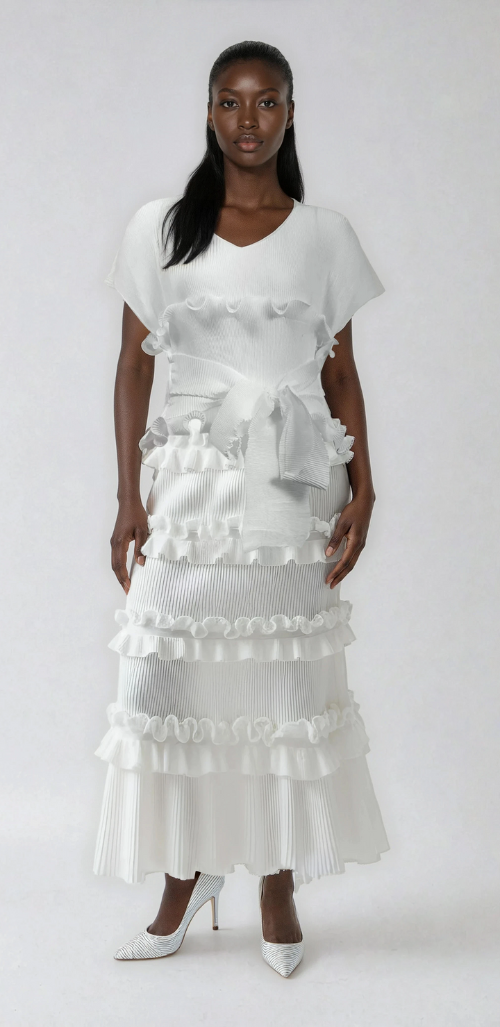 Ruffled Pleated Maxi Dress with Waist Tie - 82948