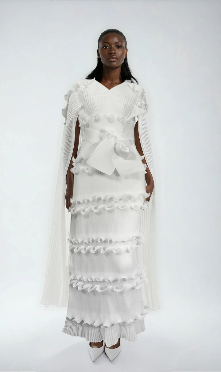 Ruffled Pleated Maxi Dress with Scarf - 82947