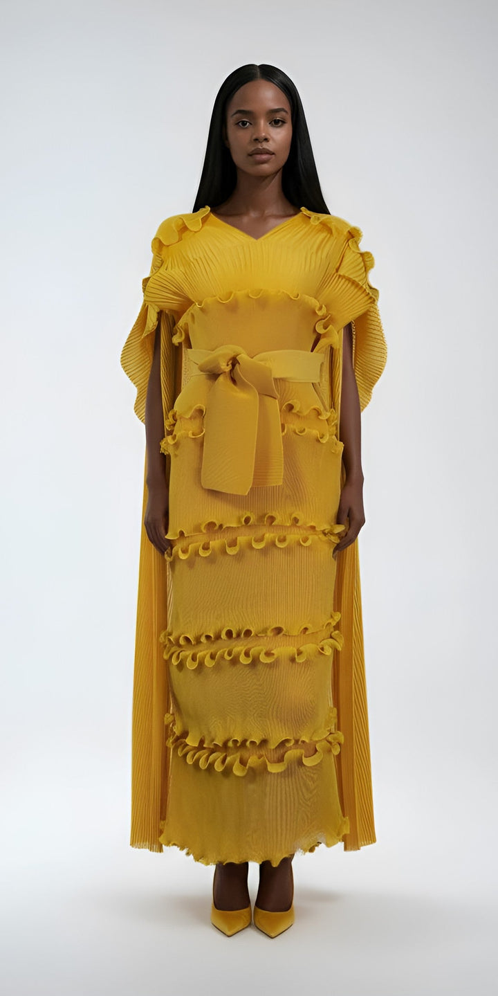 Ruffled Pleated Maxi Dress with Scarf - 82947