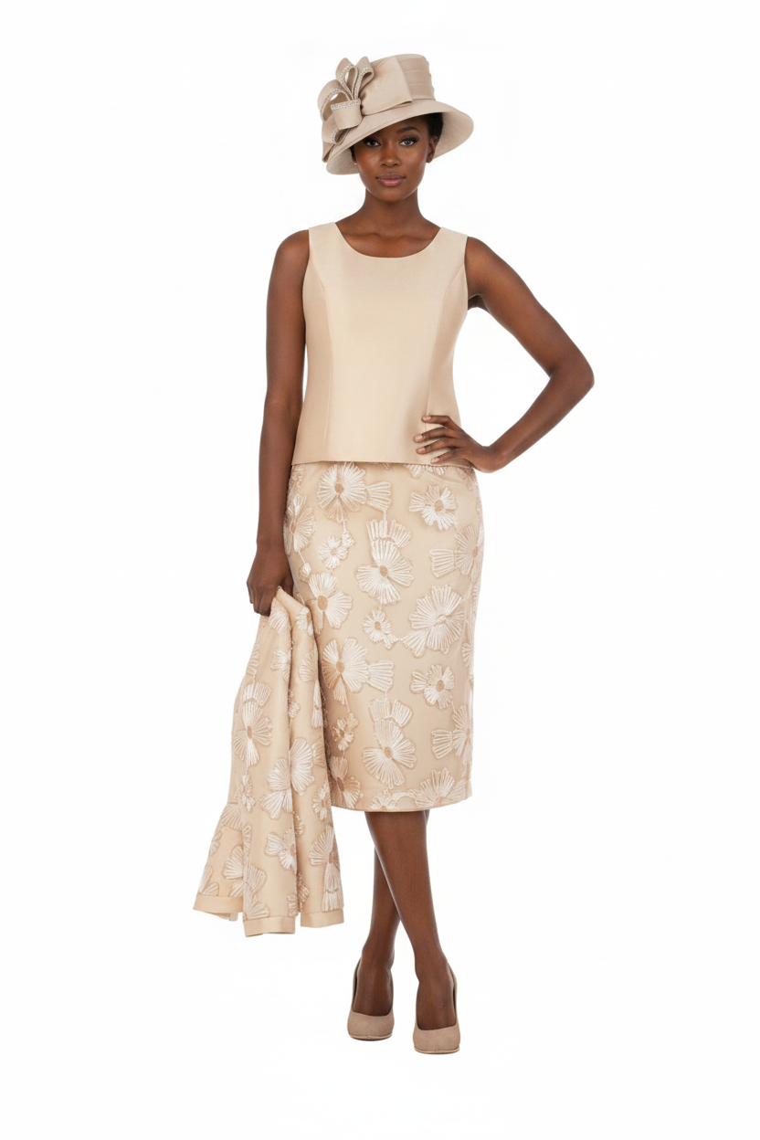 Couture Floral Embroidered 3-Piece Skirt Suit-Plus
