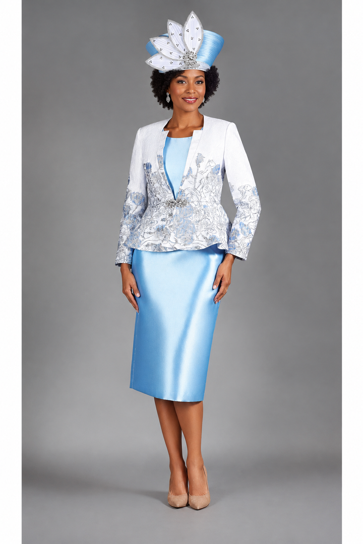 3pc Floral Brocade&Silky Twill Skirt Suit