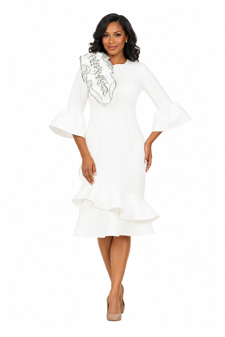 Elegant Scuba Flounce Dress with Sculpted Ruffle A