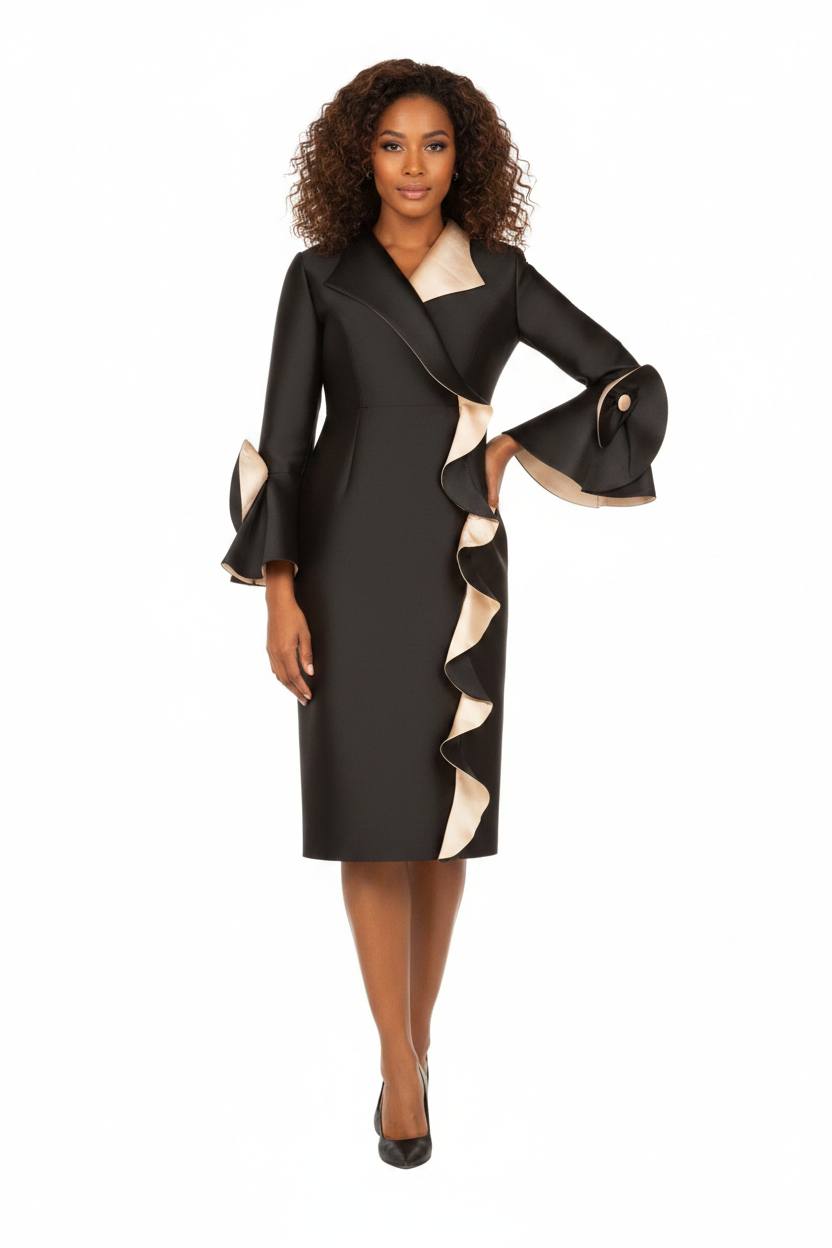 Luxe Twill Dress with Contrast Cascade Ruffles