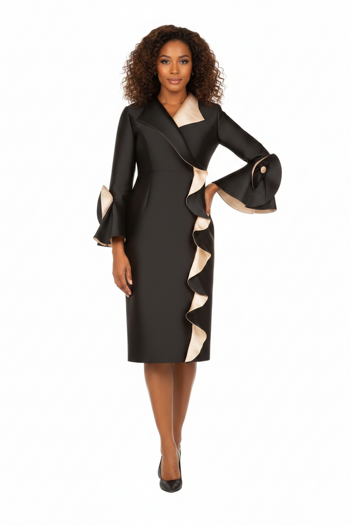 Luxe Twill Dress w/ Contrast Cascade Ruffles-Plus