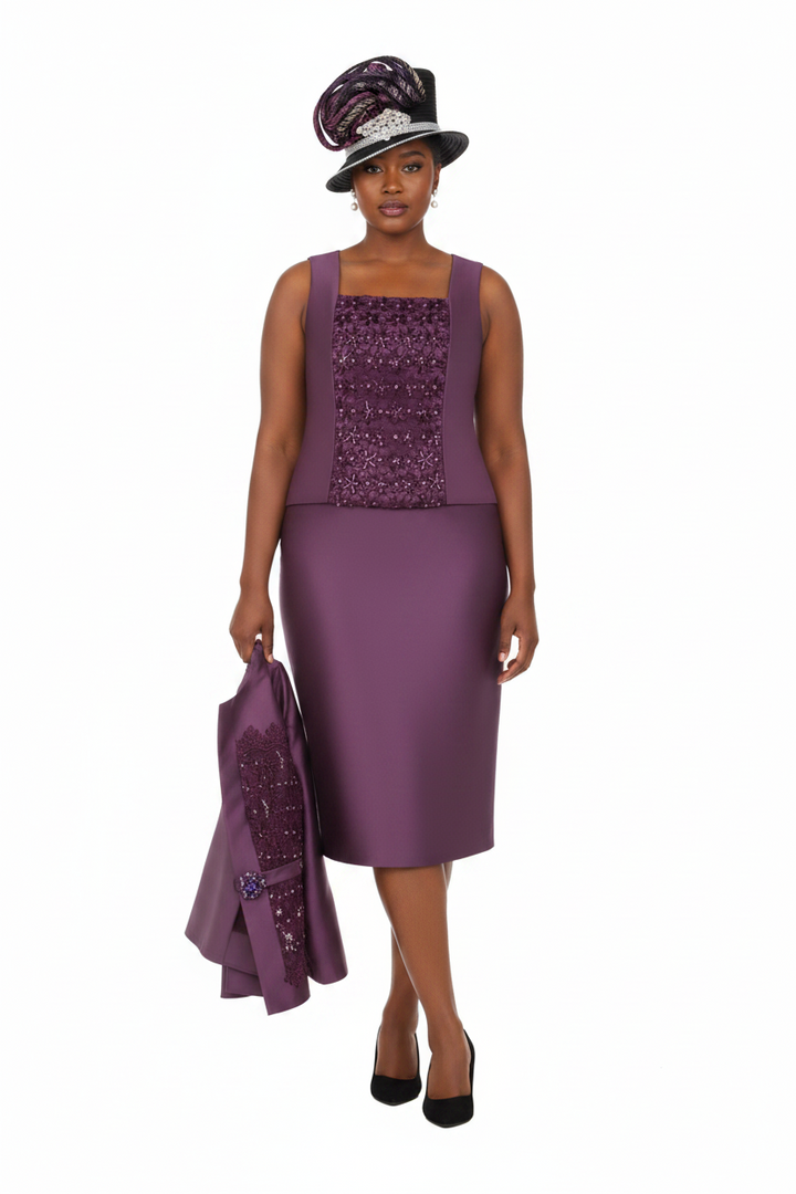 Embellished Lace & Silky Twill 3pc Skirt Suit