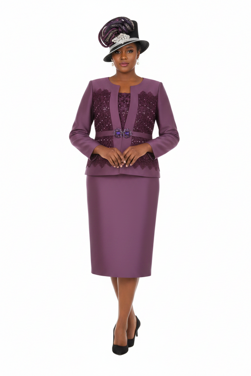 Embellished Lace & Silky Twill 3pc Skirt Suit-Plus
