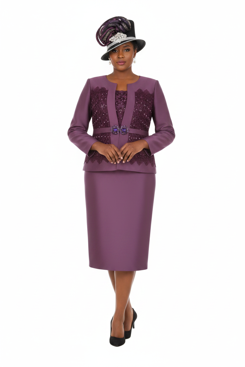 Embellished Lace & Silky Twill 3pc Skirt Suit